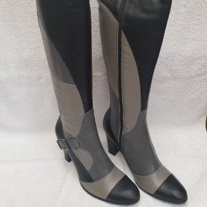 All leather new tall boots in grey and black.